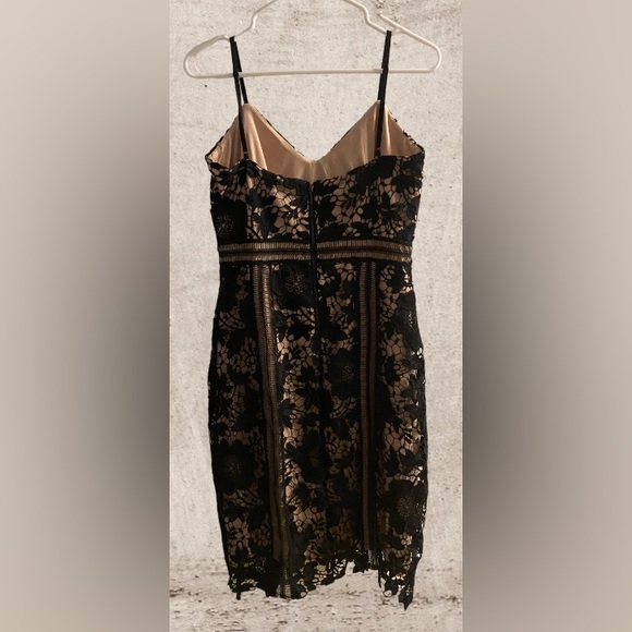 NWT-Le Chateau Nude Pink Beige with Black Lace Crochet overlay Dress. - Picture 2 of 4